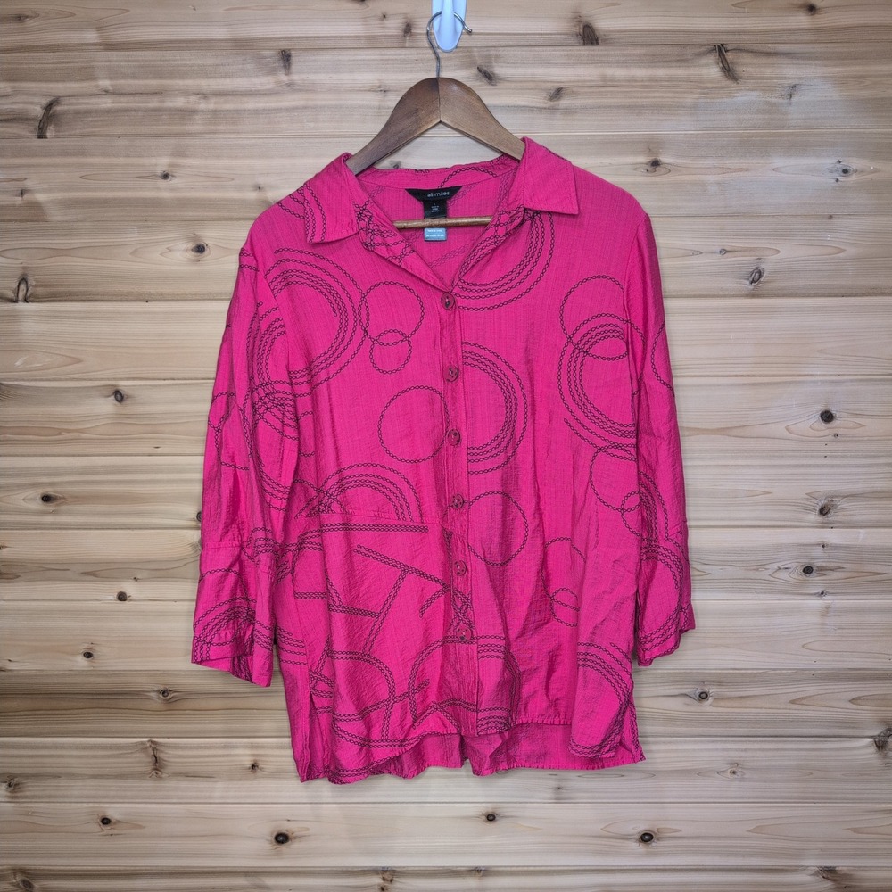 Ali Miles Womens Fuchsia Pink Geometric Chain Print Button Up Blouse Size L